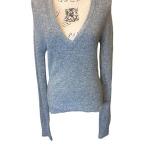 Free People Women's Blue V-Neck Sweater Metallic Thread Long Sleeve Size S
